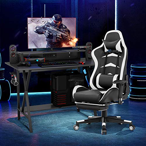Tangkula Gaming Desk and Chair Set, E-Sport Gamer Desk & Racing Chair Set, w/Monitor Stand, Cup Holder, Earphone Hook, Seat Height Adjustment, Reclining Backrest & Footrest, Gaming Recliner Desk Set