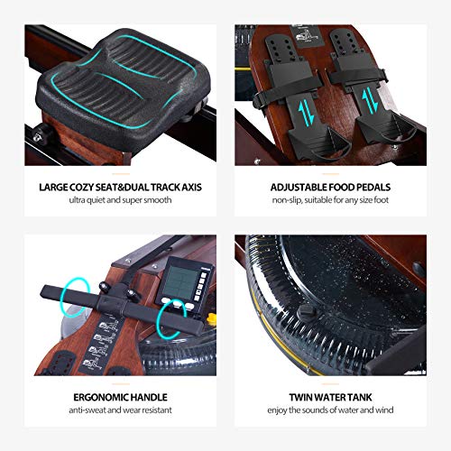 Water Rowing Machine, TopMade Oak Wood Water Adjustable Resistance Rower for Home Gym Workout Foldable Indoor Exercise Water Row Machine Fitness Equipment Bluetooth LCD Monitor Wooden Rower Machine
