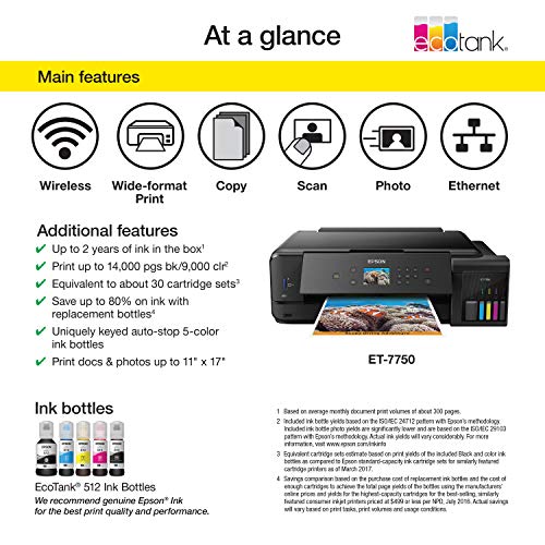 Epson Expression Premium ET-7750 EcoTank Wireless Wide-Format 5-Color All-in-One Supertank Printer with Scanner, Copier and Ethernet