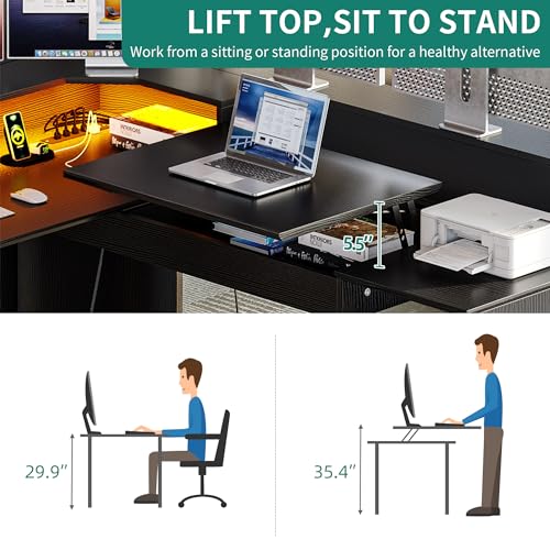 YITAHOME L Shaped Desk with Power Outlets & LED Lights, 60” Corner Computer Desk, Drawers, Lift Top, Monitor Stand, File Cabinet - Black & Brown