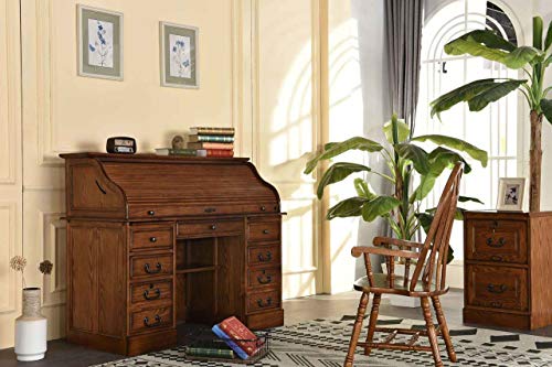 Country Marketplace Solid Oak Roll Top Desk - Executive Home Office Secretary Organizer 54"x24"x45" - Locking File Drawers - Quality Crafted Construction
