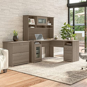 Bush Furniture 60-Inch L-Shaped Desk with Hutch, Lateral File Cabinet, Ash Gray - CAB005AG