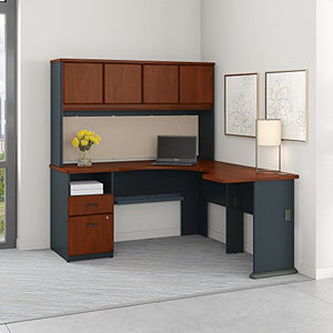 Bush Business Furniture Series A 60W x 65D L Shaped Desk with Hutch and 2 Drawer Pedestal in Hansen Cherry and Galaxy