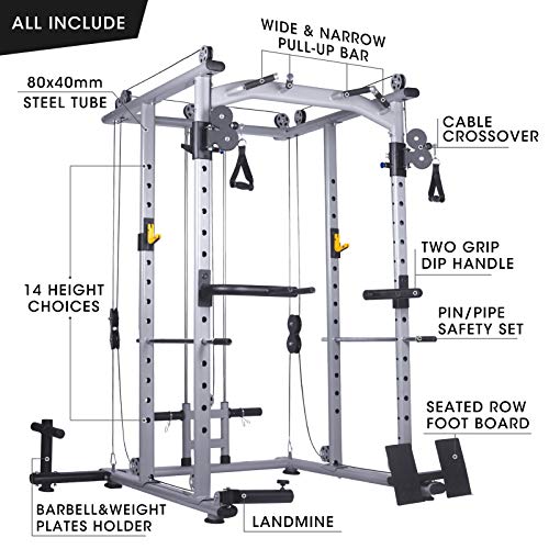 Mikolo Multi-Function Power Cage, 1400 lbs Commercial Weight Cage with Cable Crossover Machine, J-Hooks, Landmine, T-Bar, Dip Bars, Barbell Holder, and Other Attachments
