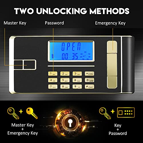 ETE ETMATE 4.0 Cub Large Safe Box Fireproof Waterproof, Digital Home Safe with Fireproof Document Bag, Double Safety Key Lock and LCD Screen, Built In Cabinet Box, Removable Shelf, LED Light, Money Safe for Home Office Hotel (Black, US STOCK)