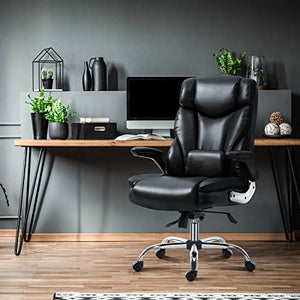 YAMASORO High Back Ergonomic Executive Office Chair - Black Leather with Wheels, Flip-up Arms, Adjustable Headrest, Tilt, and Lumbar Support