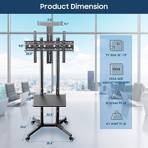 SYLVOX Rolling TV Stand for 32-75 Inch TVs, Mobile Cart up to 99 lbs, Outdoor Universal Stand w/Locking Wheels, Height & Angle Adjustable, VESA 600x400mm