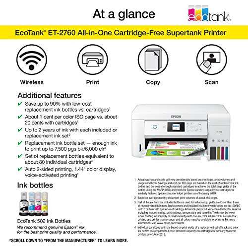 Epson EcoTank ET-2760 Wireless Color All-in-One Cartridge-Free Supertank Printer with Scanner and Copier