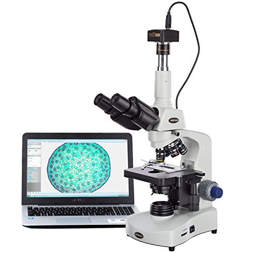 AmScope T340B-LED-9M Digital Siedentopf Trinocular Compound Microscope, 40X-2000X Magnification, Brightfield, WF10x and WF20x Eyepieces, LED Illumination, Abbe Condenser, Double-Layer Mechanical Stage, Includes 9MP Camera with Reduction Lens and Software