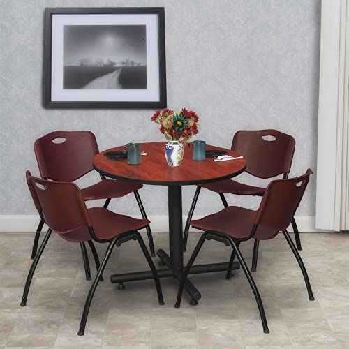 Regency Kobe 30-Inch Round Breakroom Table Set with 4 M Stack Chairs, Cherry/Burgundy