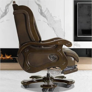 Kinnls Genuine Leather Massage Chair with Wooden Armrest