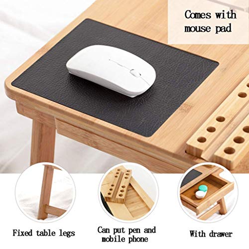 SFFZY Foldable Laptop Table, Bamboo Large Foldable Laptop Notebook Stand Desk with Height Adjustable Legs Drawer
