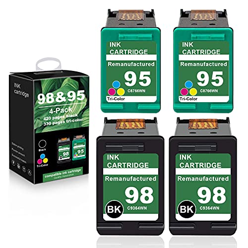 [2 Black+2 Tri-Color] 98 | C9364WN & 95 | C8766WN Compatible Remanufactured Ink Cartridge Replacement for HP Deskjet 6940 6988 Officejet 100 150 H470 Photosmart 8049 8050 Printer Ink Cartridge