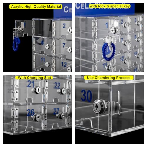 HaroldDol Cell Phone Locker with Charging Slot, Acrylic Storage Cabinet (30 Slots)