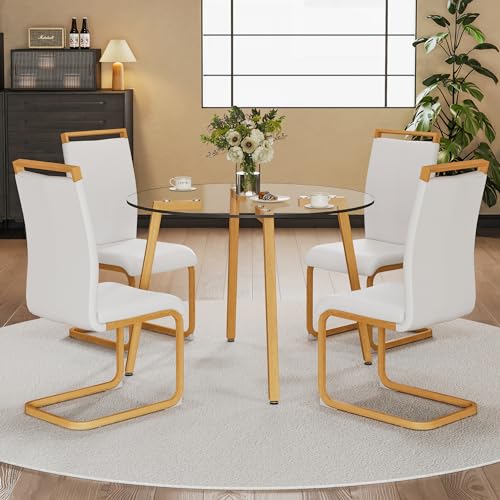 Pidock Round Dining Table and Chairs Set for 4 - 42" Tempered Glass Tabletop - Wood White