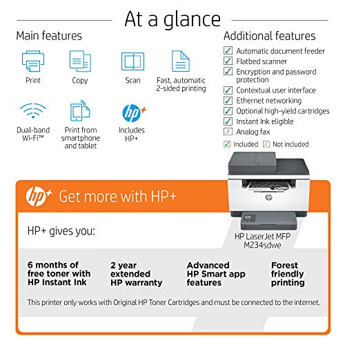 HP LaserJet MFP M234sdwe Wireless Black & White Printer with bonus 6 free months Instant Ink with HP+ (6GX01E)