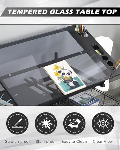 LifeSky Drafting Table Adjustable Art Desk with Glass Top and Stool - Black