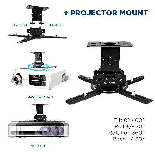 QualGear Projector Ceiling Mount Bundle with 110" Ultra White Fixed Frame Projector Screen & 25' HDMI Cable Hardware Mount (PRB-717–Blk-110W-25ft)