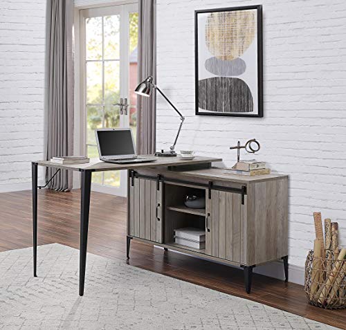 Knocbel Farmhouse L-Shaped Computer Desk with Sliding Barn Door Storage Cabinet and Cord Management, Home Office Workstation Writing Table with Metal Legs, 48" L x 48" W x 31" H (Gray Oak and Black)