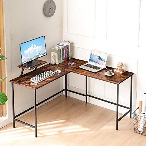 YMYNY L Shaped Computer Desk, Industrial Corner Table for Home Office, PC Laptop Workstation, Study Writing Gaming Table with Monitor Stand, Easy to Assemble, Rustic Brown UHTMJ052H