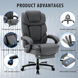 Linting Ergonomic Reclining Office Chair with Footrest & Lumbar Support, 400lbs Big and Tall PU Leather Executive Chair, Grey