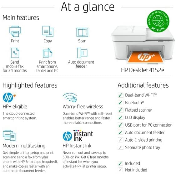 HP DeskJet 4152e Wireless Inkjet Color All-in-One Printer, Print Copy Scan, Instant Ink Ready, 35 Sheet ADF, WiFi USB Connectivity, White, W/Silmarils Printer Cable