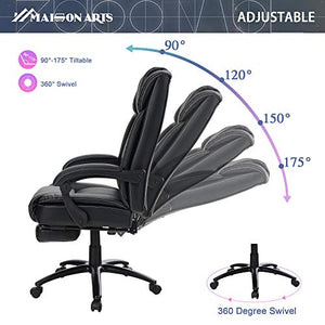 MAISON ARTS Big and Tall Bonded Leather Reclining Office Chair Task Chair, 400lb High Back Executive Massage Computer Desk Chair with Retractable Footrest and Metal Base for Home Office