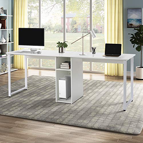 Mrs Bad Home Office Two Person Desk,Double Workstation Office Desk Writing Study Desk,Extra Long Computer Desk with Book Shelf (White)