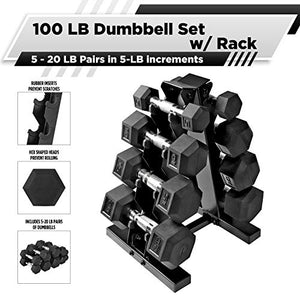 CAP Barbell Rubber Coated Hex Dumbbell Set Non-Slip Hex Shape for Muscle Toning, Strength Building, Weight Loss - Multiple Choices Available (c. 5-20Lb Dumbbell Set with A Frame Rack)