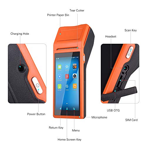 BISOFICE POS Receipt Printer, Android 6.0 OS Mobile POS, 58mm Receipt Printer, 5.45" Touch Screen PDA Printer Supports 3G WiFi BT4.0 USB OTG Bluetooth, Handheld POS Machine Terminal Printer