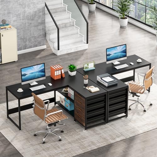 Tribesigns L-Shaped Computer Desk with Storage Drawers, Shelves - 59" Black
