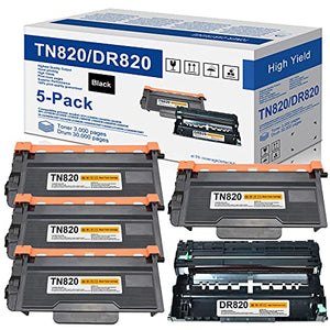 5-Pack TN820 Toner & DR820 Drum Unit Set Compatible for Brother DCP-L5500DN L5600DN L5650DN HL-L6200DW L6200DWT L5200DWT L5200DW L5100DN L5000D MFC-L5850DW L5900DW Printer(4 Toner, 1 Drum)