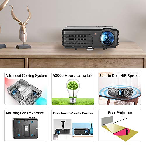HD Video Projector Bluetooth WIFI Projector for Home Cinema Backyard Movie Game, 200 Inch Smart LED Projector with Speaker Zoom for iPhone Laptop DVD Player, HDMI VGA AV Cable Included