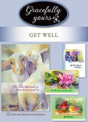 Gracefully Yours 222 Get Well Greeting Cards Featuring Mary Joe Noe, 4 Designs/3 Each with Scripture Message, 6 5/8" x 4 3/4"
