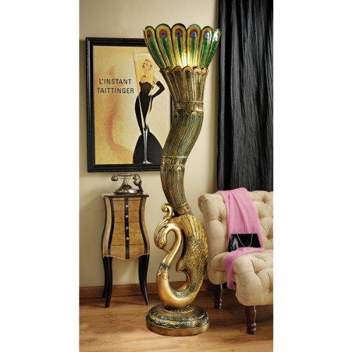 Design Toscano KY8012 Art Deco Peacock Floor Lamp Statue, 70 Inch, Faux Gold