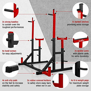 STOZM Combo Barbell Rack & Adjustable Weight Bench with Foldable Design for Weight Lifting & Full Body Workout – 14-Gauge Steel Frame (Red/Amber)