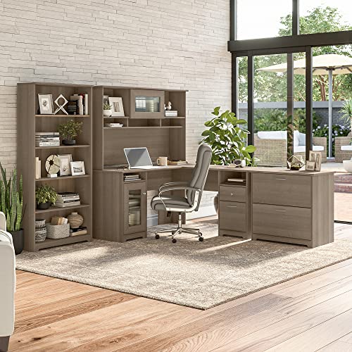 Bush Furniture Cabot Collection L Shaped Desk with Hutch, Bookcase, and File Cabinet | Corner Computer Table with Storage, Bookshelf, 60W, Ash Gray