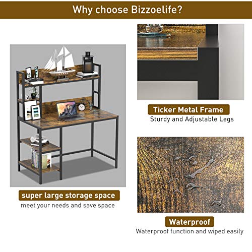 Bizzoelife Computer Writing Desk with Hutch and Bookshelf, Home Office Study Table & 2 Tier Storage Shelves Combo, 47inches Sturdy Wooden Vanity Desk for Kids and Student, Easy Assembly, Retro Brown