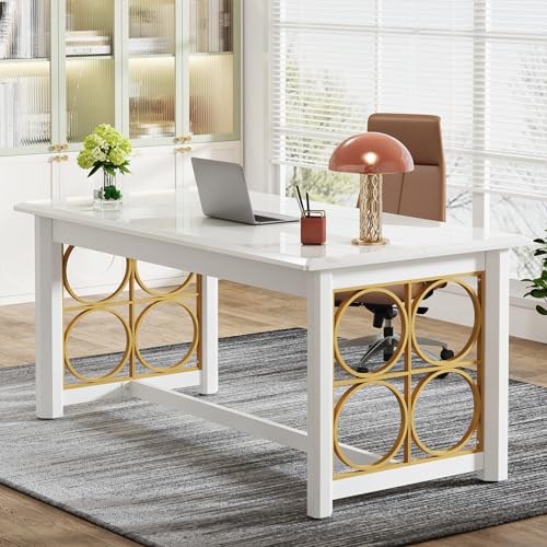 Tribesigns 63" Executive Desk, Modern Glossy White & Gold Office Desk