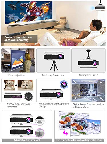 EUG LCD LED Multimedia HD Video Projector 4600 Lumens 1280x800 1080P Digital Movie Gaming Projector HDMI USB TV AV VGA Audio for Laptop PC Smartphone DVD PS4 Xbox Wii Home Theater Outdoor Party