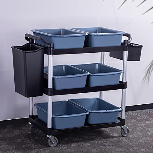 QQXX 3 Tier Rolling Utility Cart with Wheels - Heavy Duty Commercial Grade Storage Organization Cart - Mobile Shelving Unit for Kitchen Bar Restaurant (Black)