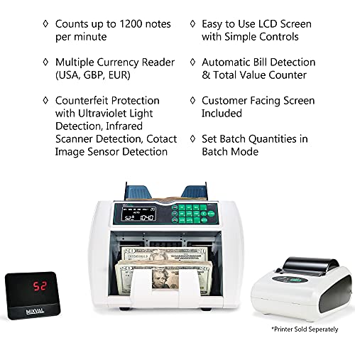MIXVAL MPC1 Money Counter Machine | Professional Grade w/Counterfeit Bill Detector | Single Denomination, Currency & Bill Counting | Fast & Accurate Cash Counter | Customer Screen Included