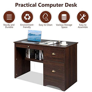 Tangkula Computer Desk, Wood Frame Home Office Desk with Storage Drawer and Shelf, Computer Workstation with Spacious Desktop, Ideal for Bedroom, Living Room, Office (Walnut)