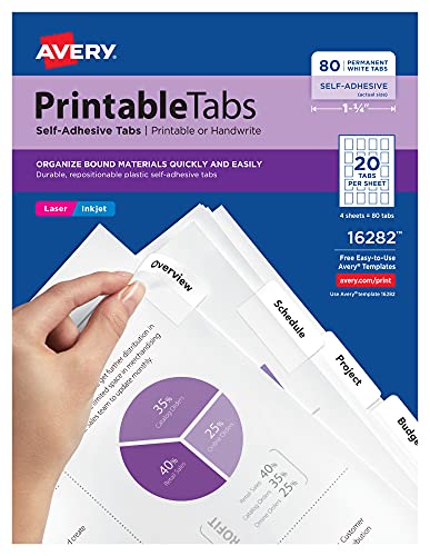 Avery Printable Self-Adhesive Plastic Tabs, 1-3/4", Repositionable Adhesive, White, 80 per Pack, 24 Packs, 1,920 Total Tabs (16282)