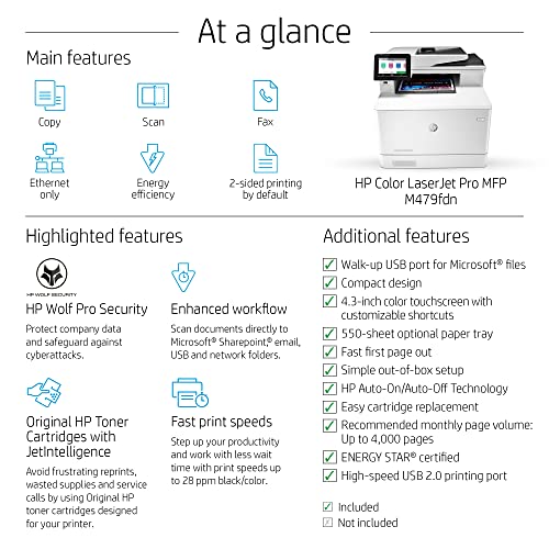 (Renewed) HP Laserjet Pro M479fdnA Ethernet only Color All-in-One Wired Laser Printer, White - Print Scan Copy Fax - 4.3" Touchscreen, 28 ppm, 600x600 dpi, 8.5x14, Auto Duplex Printing, 50-Sheet ADF