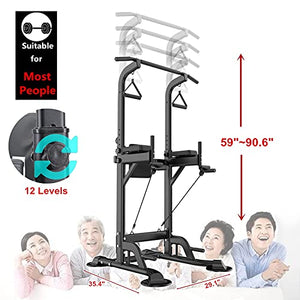 GREARDEN Power Tower Dip Station Pull Up Bar Exercise Tower Adjustable Pull Up Station Pull Up Tower Bar for Home Gym Multi-Function Strength Training Fitness Equipment