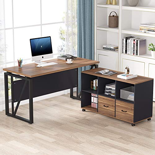 Tribesigns L-Shaped Computer Desk, 55 inches Executive Desk with lateral File Cabinet, Gaming Desk Business Furniture with Drawers and Storage Shelves, Rustic Home Office Table