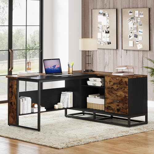 Tribesigns 63" L-Shaped Executive Desk with Drawers and Shelves, Rustic Business Furniture, Brown & Black