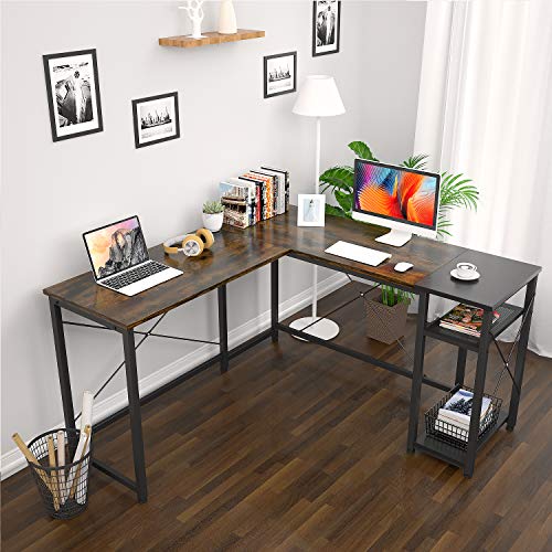 Foxemart L-Shaped Computer Desk, Industrial Corner Desk Writing Study Table with Storage Shelves, Space-Saving, Large Gaming Desk 2 Person Table for Home Office Workstation, Rustic Brown/Black
