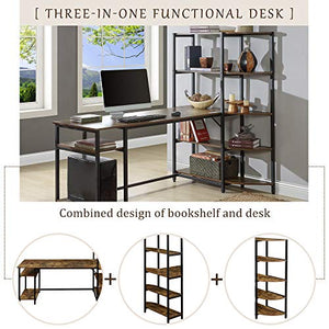 FURLKHY Home Office Computer Desk with 5 Tier Storage Shelves，Large Office Desk Study Writing Table Workstation with Corner Bookshelf and Tower Shelf（Brown）